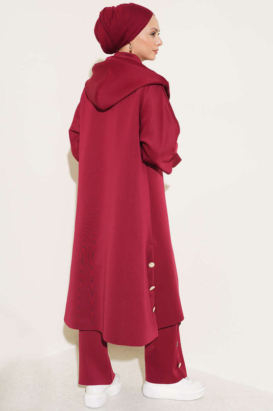 Burgundy Long Cardigan Set With Scuba And Long Sleeves
