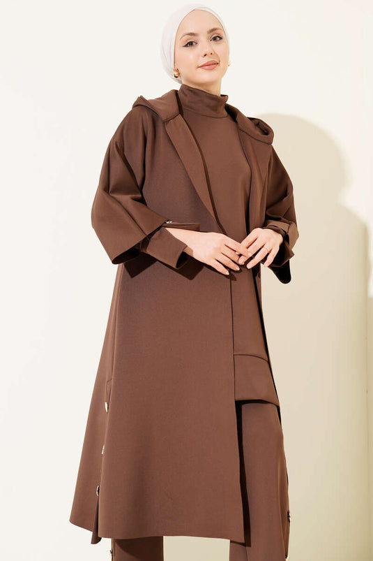 Scuba Long Cardigan Three-Piece Set Brown