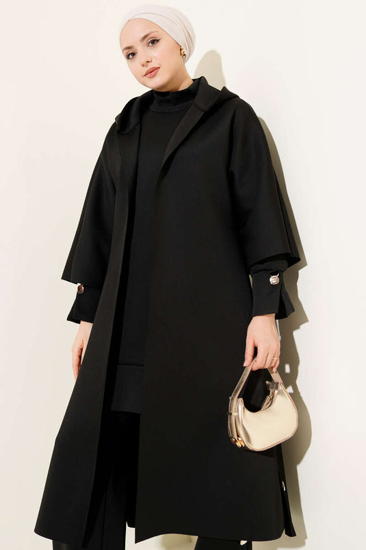 Scuba Long Cardigan Three-Piece Set Black