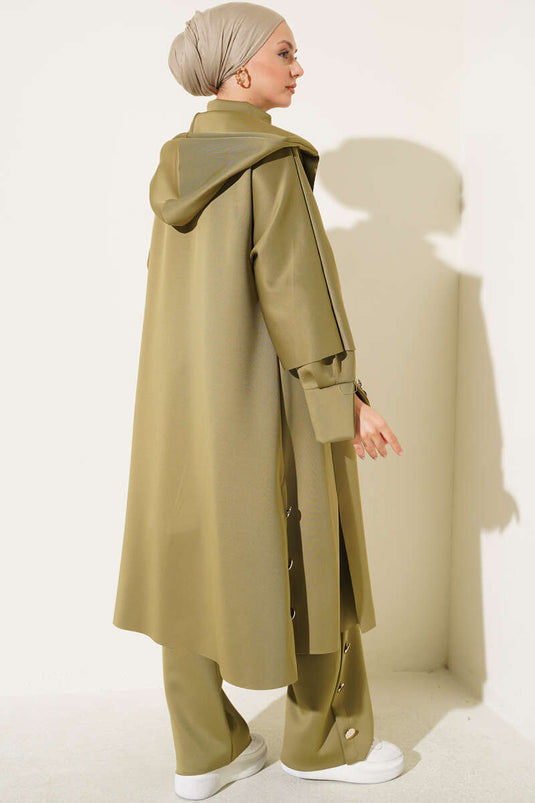 Green Long Cardigan Set With Scuba Jacket