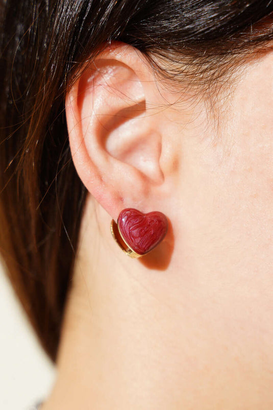 Mother-of-Pearl Filled Heart Earrings, Burgundy