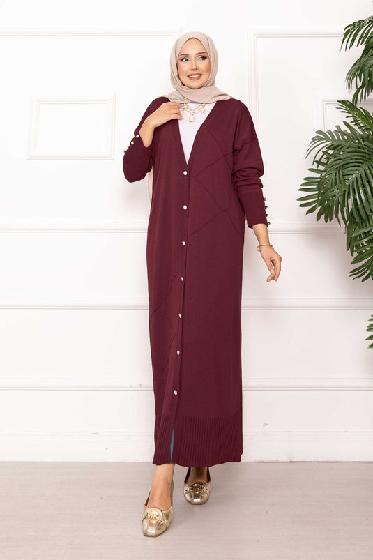 Cardigan long en maille avec boutons en perles, bordeaux