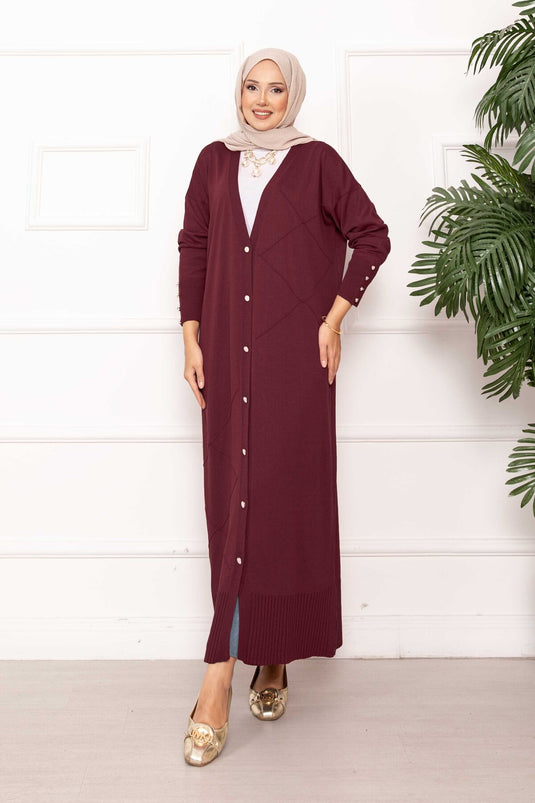 Cardigan long en maille avec boutons en perles, bordeaux