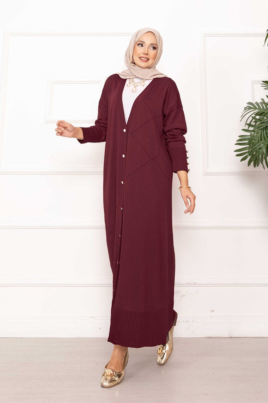 Cardigan long en maille avec boutons en perles, bordeaux