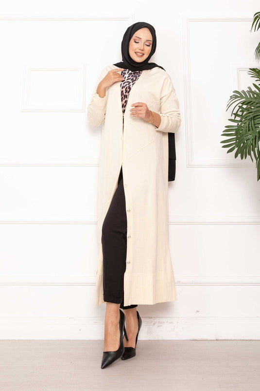 Cardigan long en maille boutonnée à perles écru