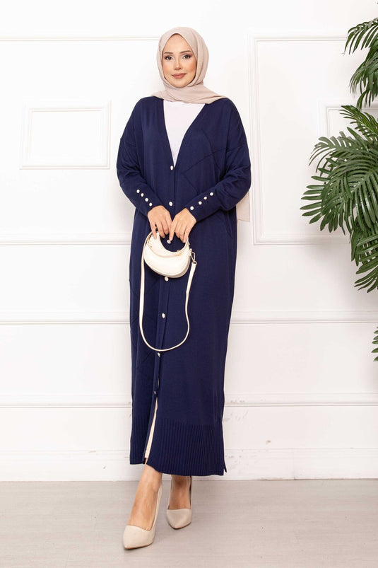 Sedef Düğmeli Uzun Triko Hırka Lacivert