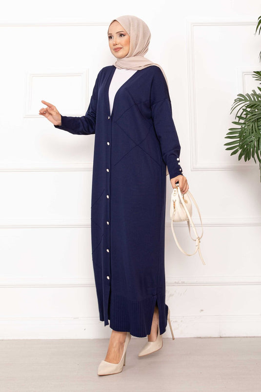 Sedef Düğmeli Uzun Triko Hırka Lacivert