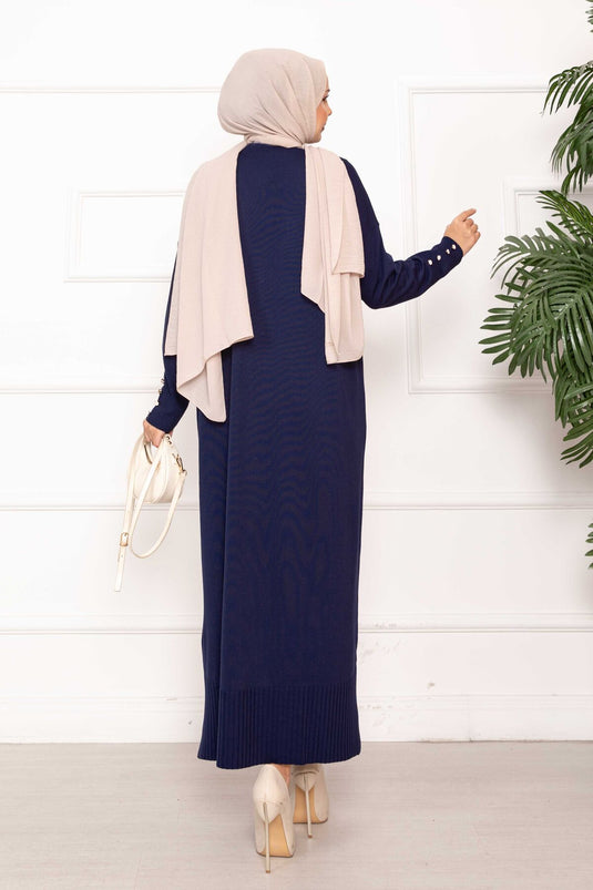 Sedef Düğmeli Uzun Triko Hırka Lacivert