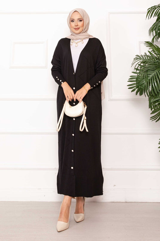 Cardigan long en maille boutonnée à perles noir