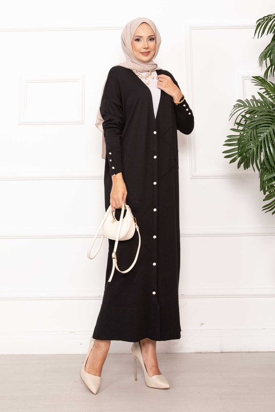 Cardigan long en maille boutonnée à perles noir