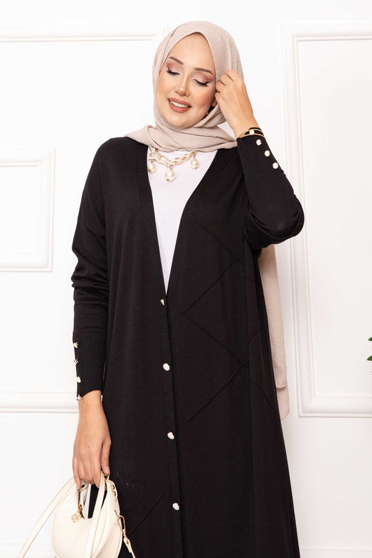 Cardigan long en maille boutonnée à perles noir