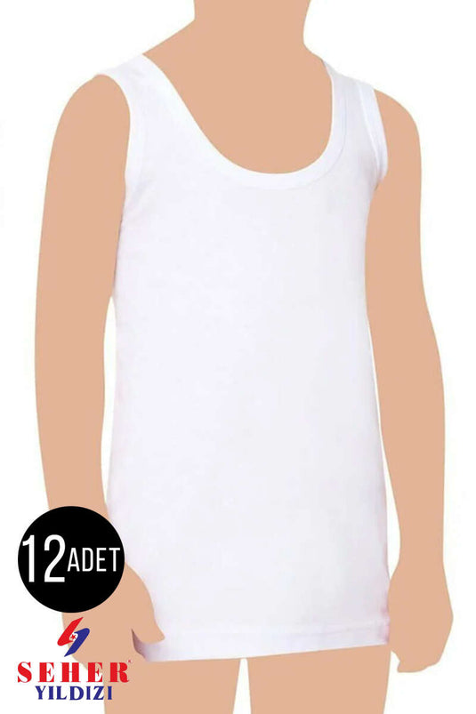 Seher Yıldızı Lot de 12 Maillots Sans Manches à Large Bretelle pour Garçon Blanc