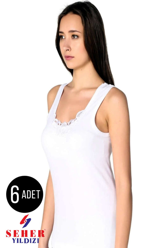 Morning Star Women's Set of 6 Wide-Strapped Lace Undershirts White