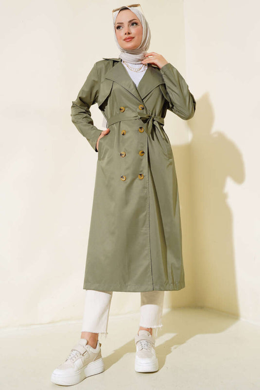 معطف ترنش بثمانية أزرار وحزام، كاكي