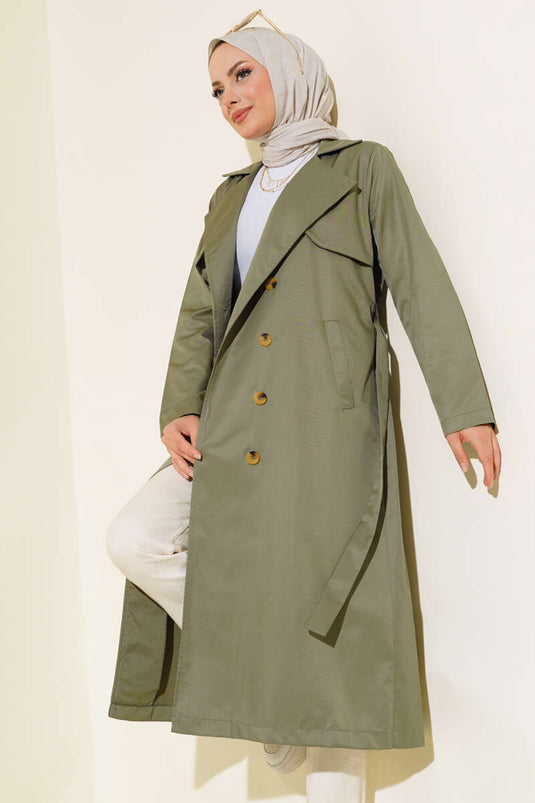 معطف ترنش بثمانية أزرار وحزام، كاكي