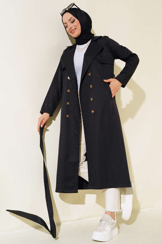 معطف واقٍ من المطر بحزام وثمانية أزرار، أسود