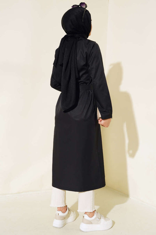 Sekiz Düğmeli Kuşaklı Trençkot Siyah