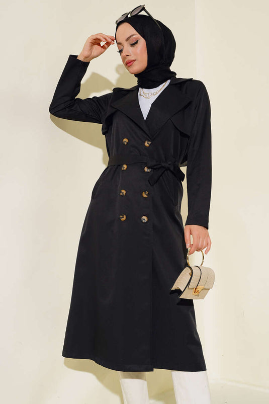 Sekiz Düğmeli Kuşaklı Trençkot Siyah