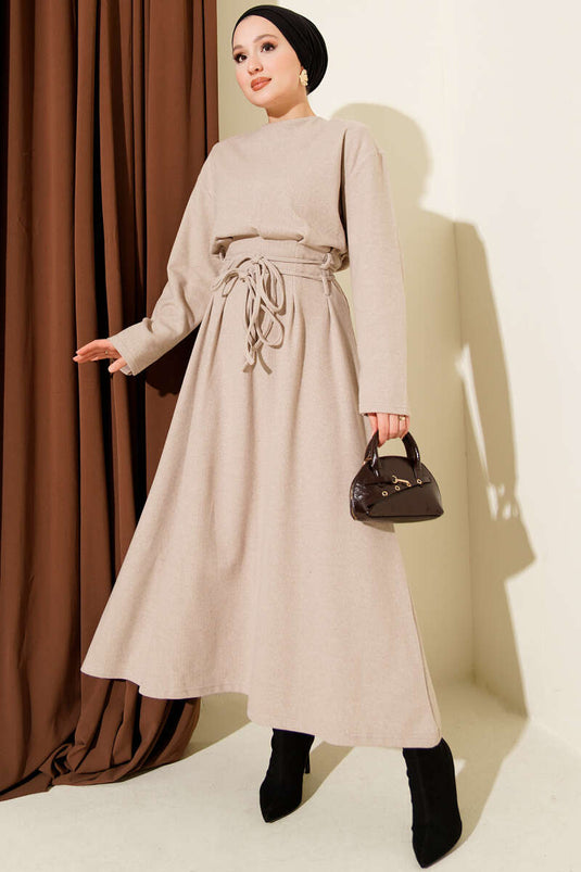 Thessaloniki Style Dress with Drawstring Detail, Beige