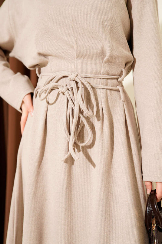Thessaloniki Style Dress with Drawstring Detail, Beige