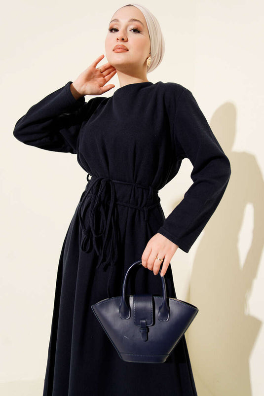 Thessaloniki Style Dress with Drawstring Detail, Navy Blue
