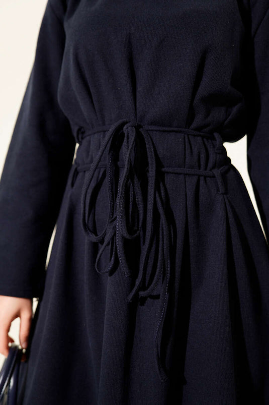 Thessaloniki Style Dress with Drawstring Detail, Navy Blue