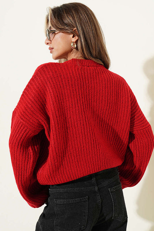 Kurzer Strickpullover Mit Strukturmuster Bordeaux