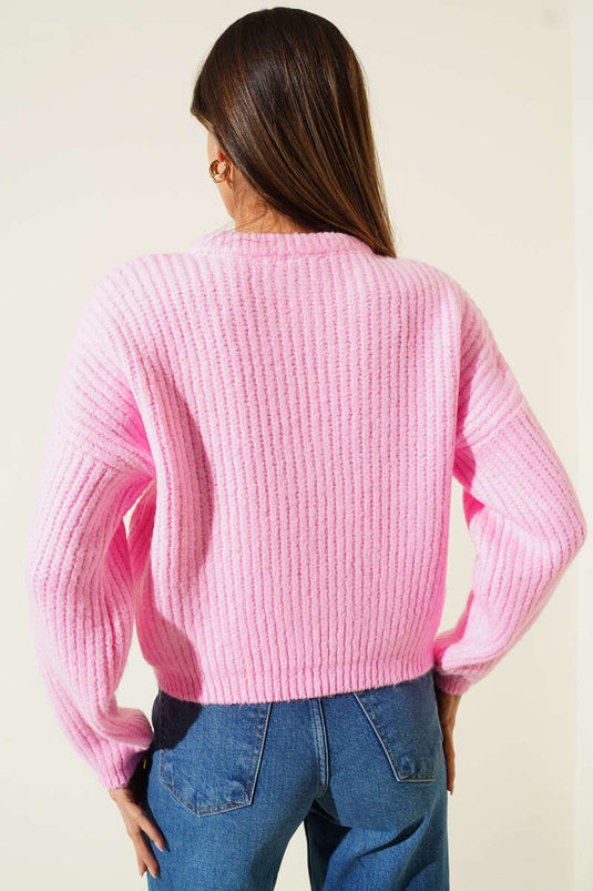 Pink Short Knit Sweater With Selanik Pattern