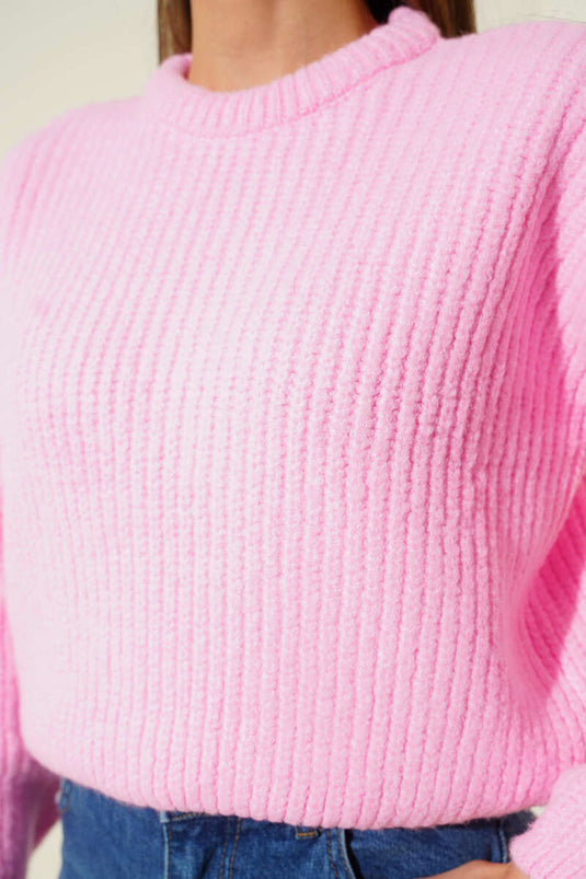 Pink Short Knit Sweater With Selanik Pattern
