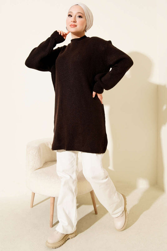 Selanik Örgü Yumoş Triko Tunik Acı Kahve