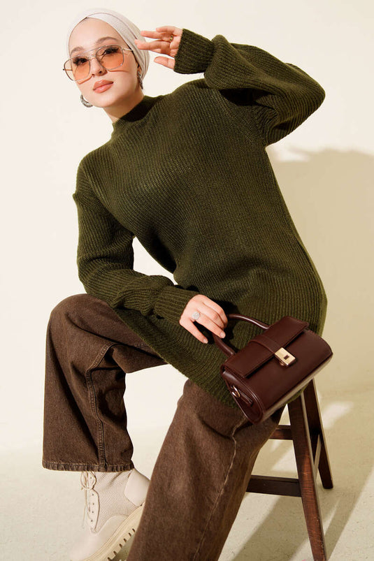 Selanik Örgü Yumoş Triko Tunik Haki