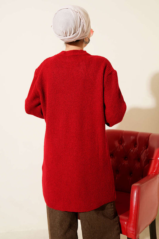 Selanik Knitted Soft Knitwear Tunic Red