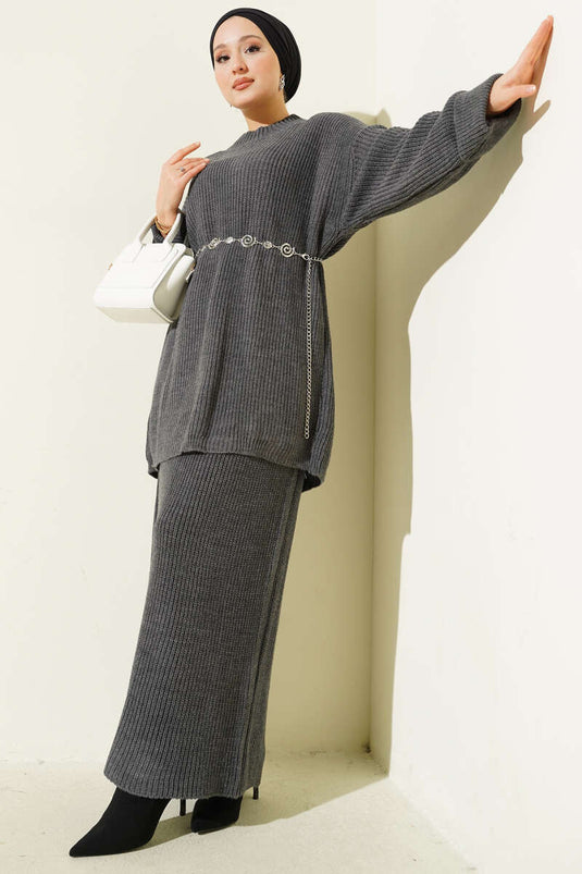 Selanik Knitted Skirted Knitwear Two Piece Set Smoke Color