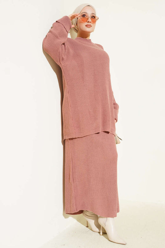 Selanik Knitted Skirted Knitwear Two Piece Set Dusty Rose
