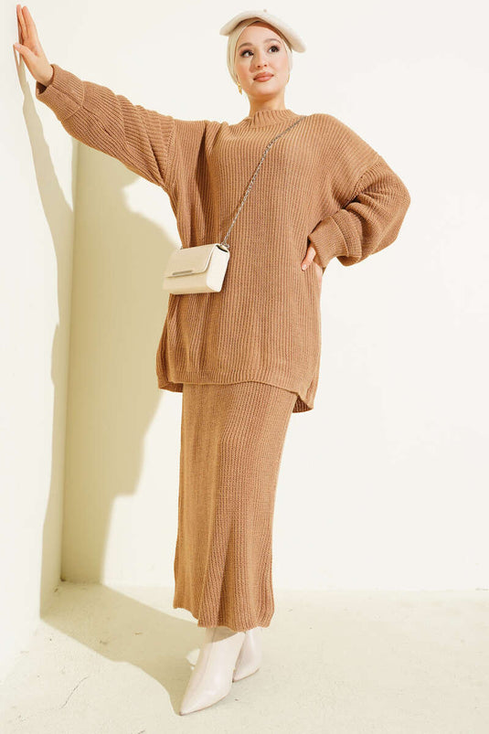 Selanik Knitted Skirted Knitwear Two Piece Set Latte