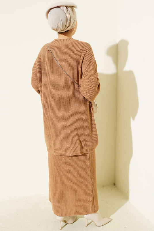 Selanik Knitted Skirted Knitwear Two Piece Set Latte