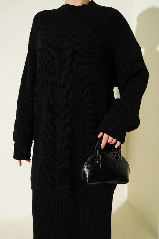 Selanik Knitted Skirted Knitwear Two Piece Set Black