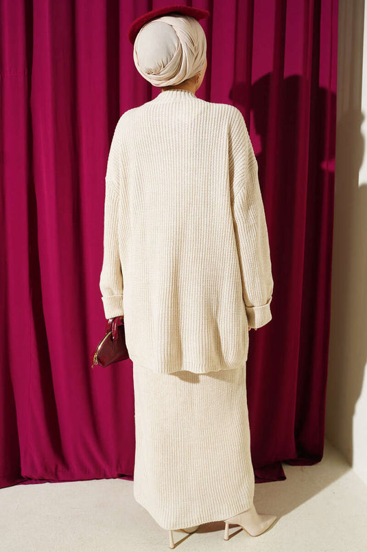 Selanik Knitted Skirted Knitwear Two Piece Set Stone