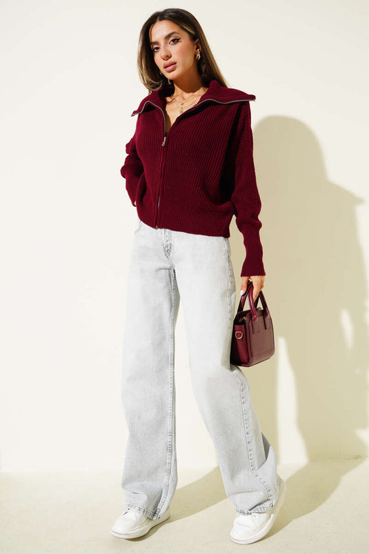 Burgunderfarbene Strickjacke mit Thessaloniki-Muster und Reißverschluss