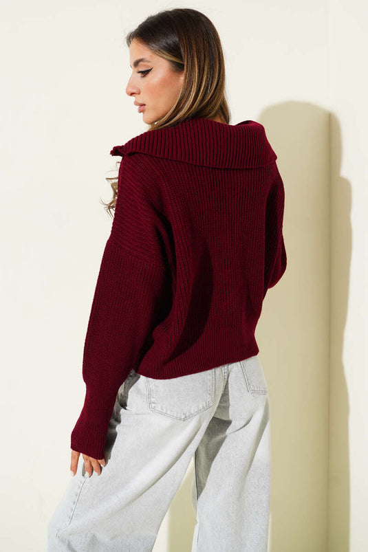 Burgunderfarbene Strickjacke mit Thessaloniki-Muster und Reißverschluss