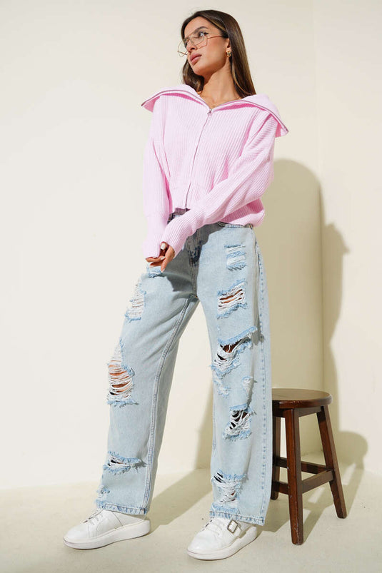 Gilet rose à fermeture éclair et motif Thessaloniki Knit.