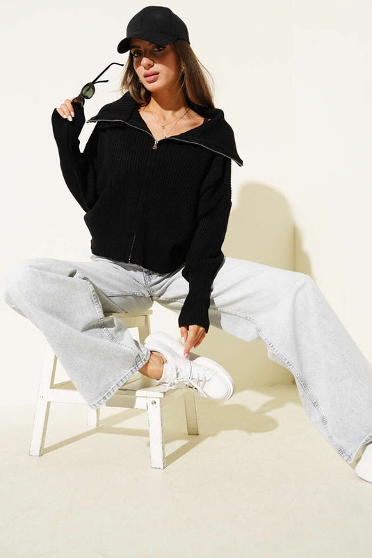 Black Cardigan with Thessaloniki Knit Zip-Up