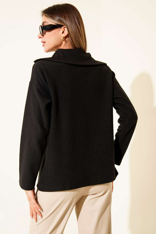 Sweat-shirt noir zippé à col Thessaloniki