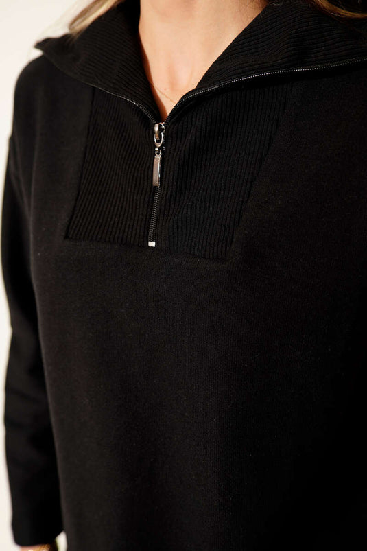 Sweat-shirt noir zippé à col Thessaloniki