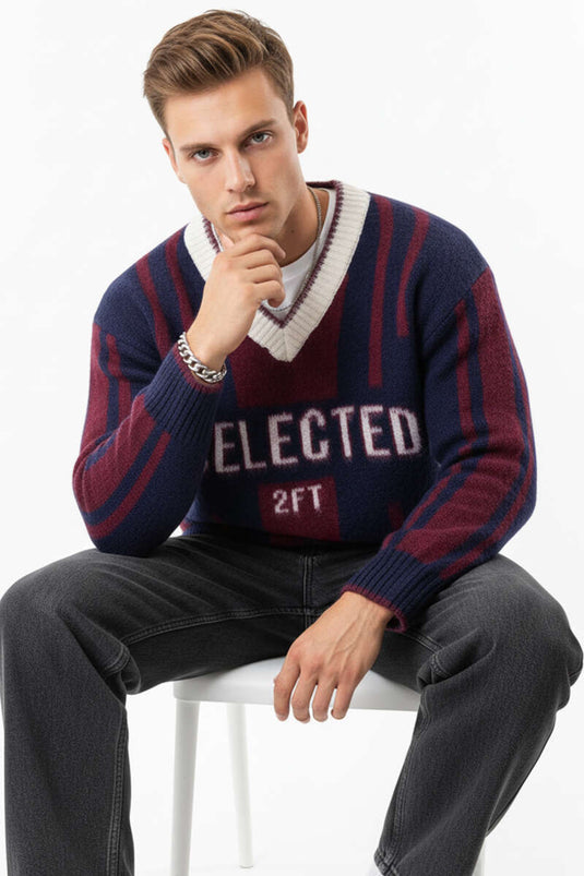 Pull homme col V en maille, coloris marine et bordeaux