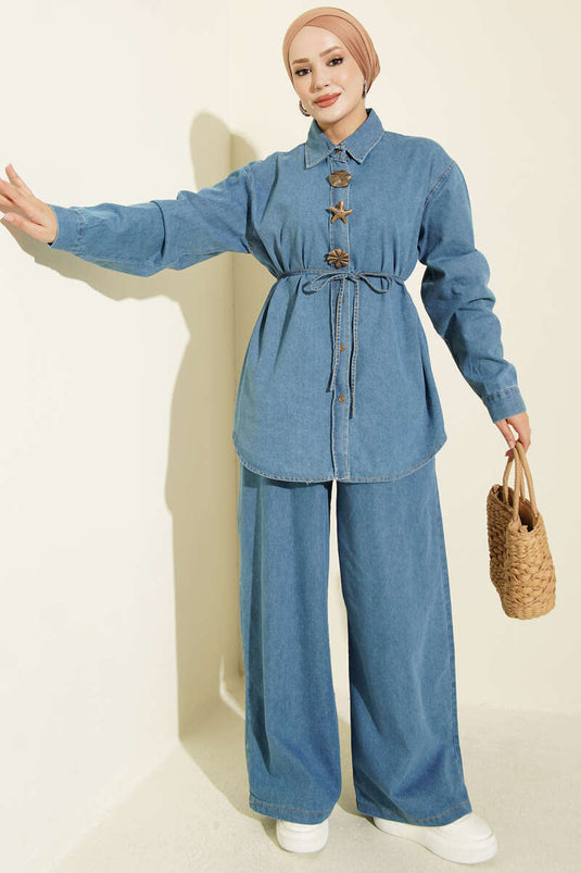 Lichtblauwe Denim Set Met Binddetail En Embellishments