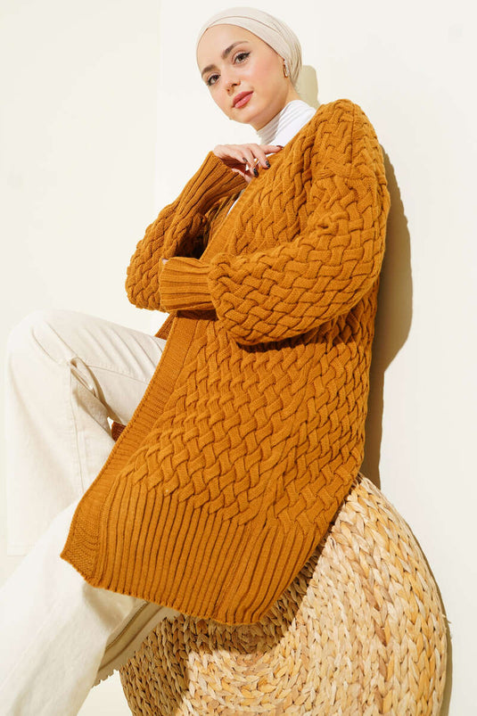 Sepet Örgü Triko Hırka Hardal