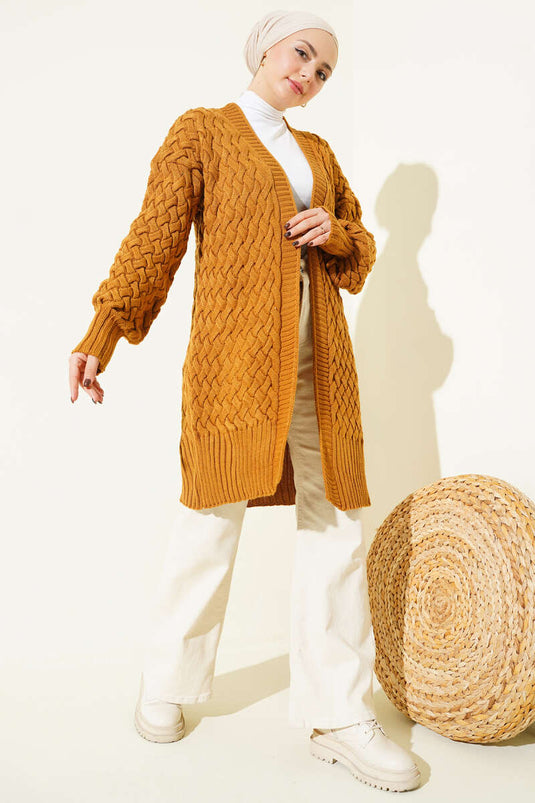 Sepet Örgü Triko Hırka Hardal