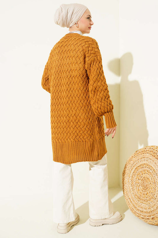 Sepet Örgü Triko Hırka Hardal