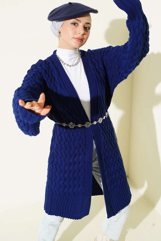 Navy Strickjacke Mit Korbgeflechtmuster